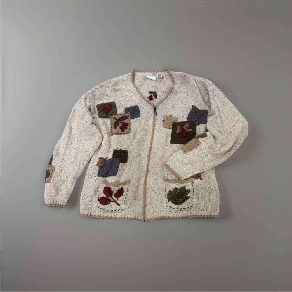 Croft & Barrow Beige Cardigan with Leaf and Patchwork Design - Picture 1 of 5